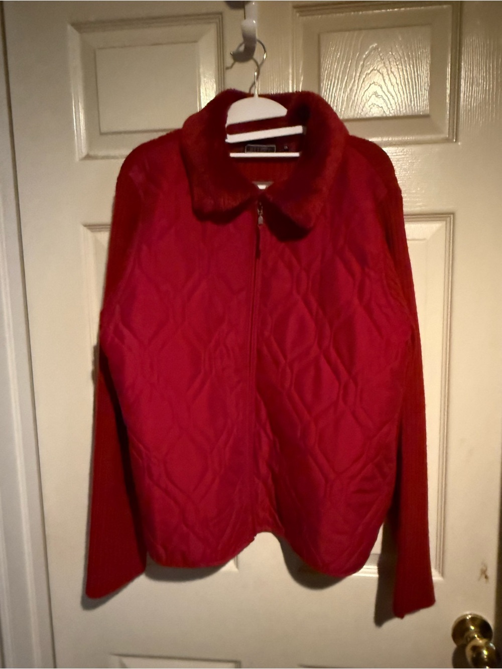 Women's Red Quilted Puffer Jacket with Faux Fur Collar